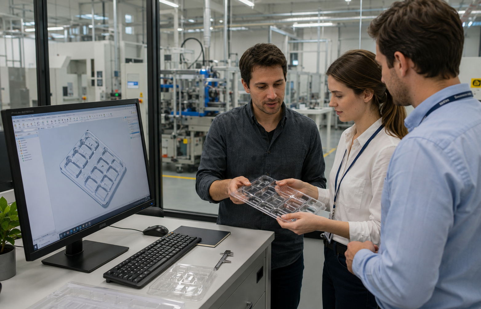 Team reviewing thermoformed tray design for industrial packaging