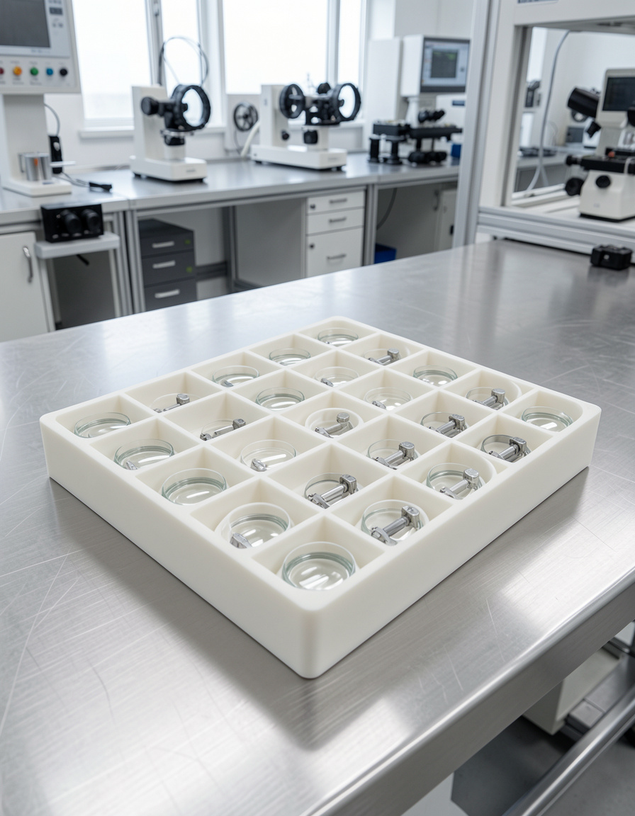 Compartmentalized thermoformed tray with optical lab equipment