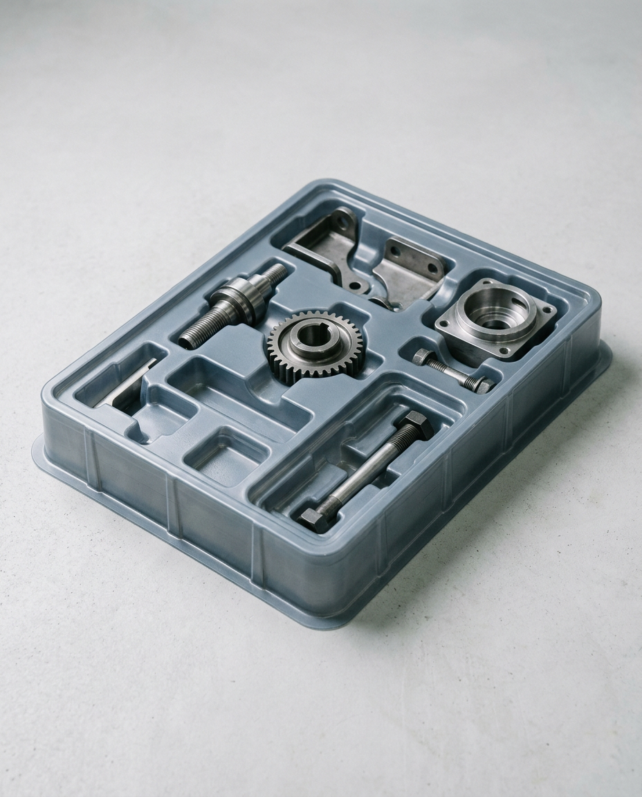 Molded thermoformed tray for machined part packaging