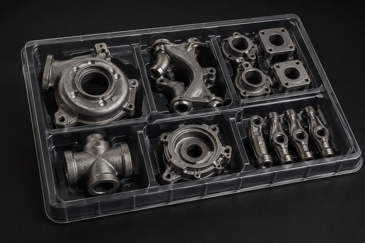 Metal machined parts in compartmentalized thermoformed tray